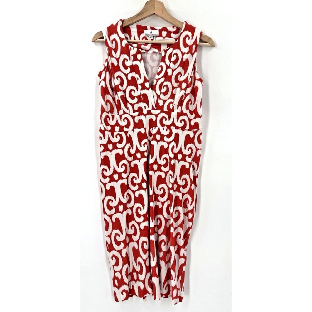 Jude Connally Dress Orange Geometric Print V Neck Sleeveless Stretch Shift SMALL